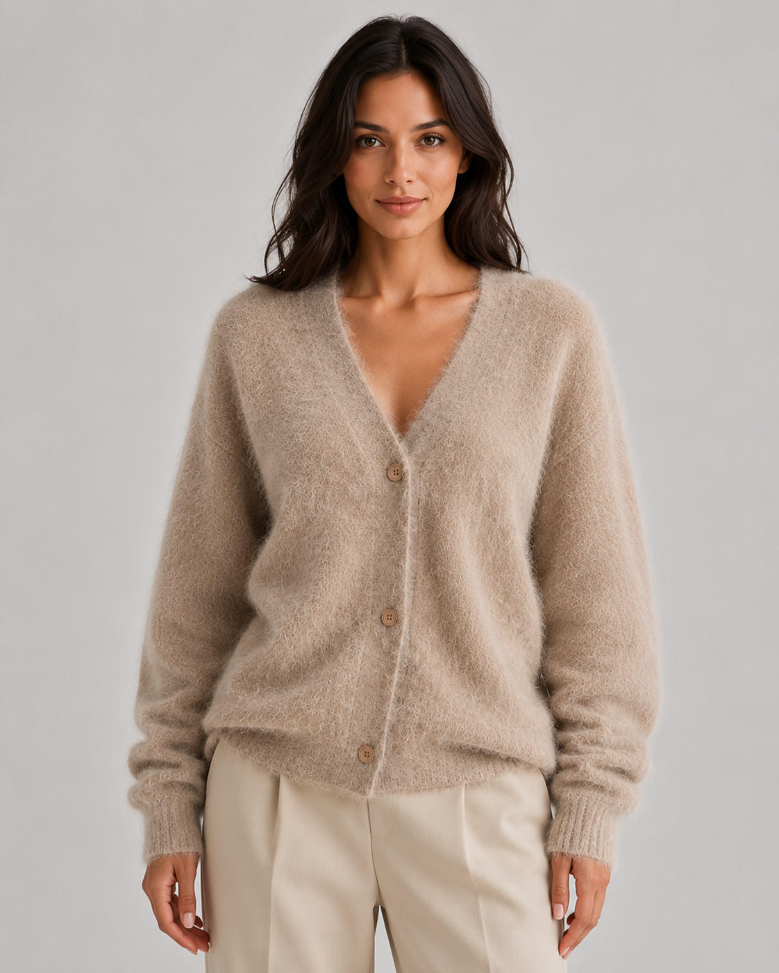 Women's Cardigan Sweater - Fluffy V Neck Button Front