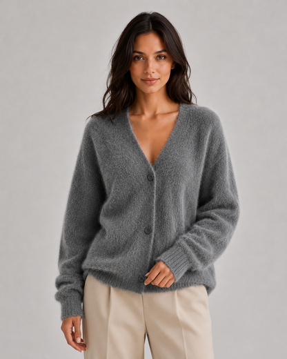 Women's Cardigan Sweater - Fluffy V Neck Button Front