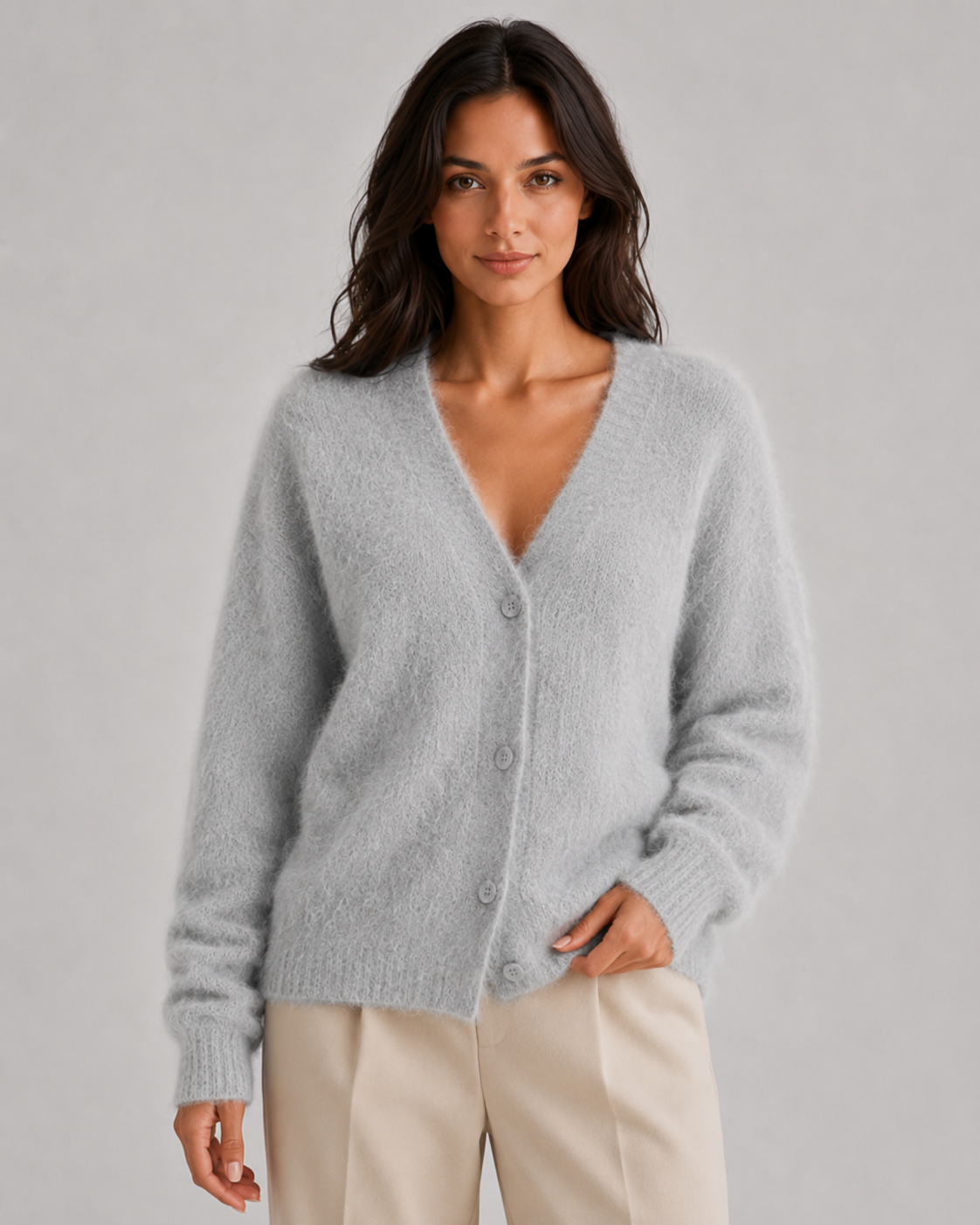 Women's Cardigan Sweater - Fluffy V Neck Button Front