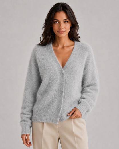 Women's Cardigan Sweater - Fluffy V Neck Button Front