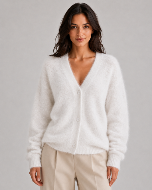 Women's Cardigan Sweater - Fluffy V Neck Button Front