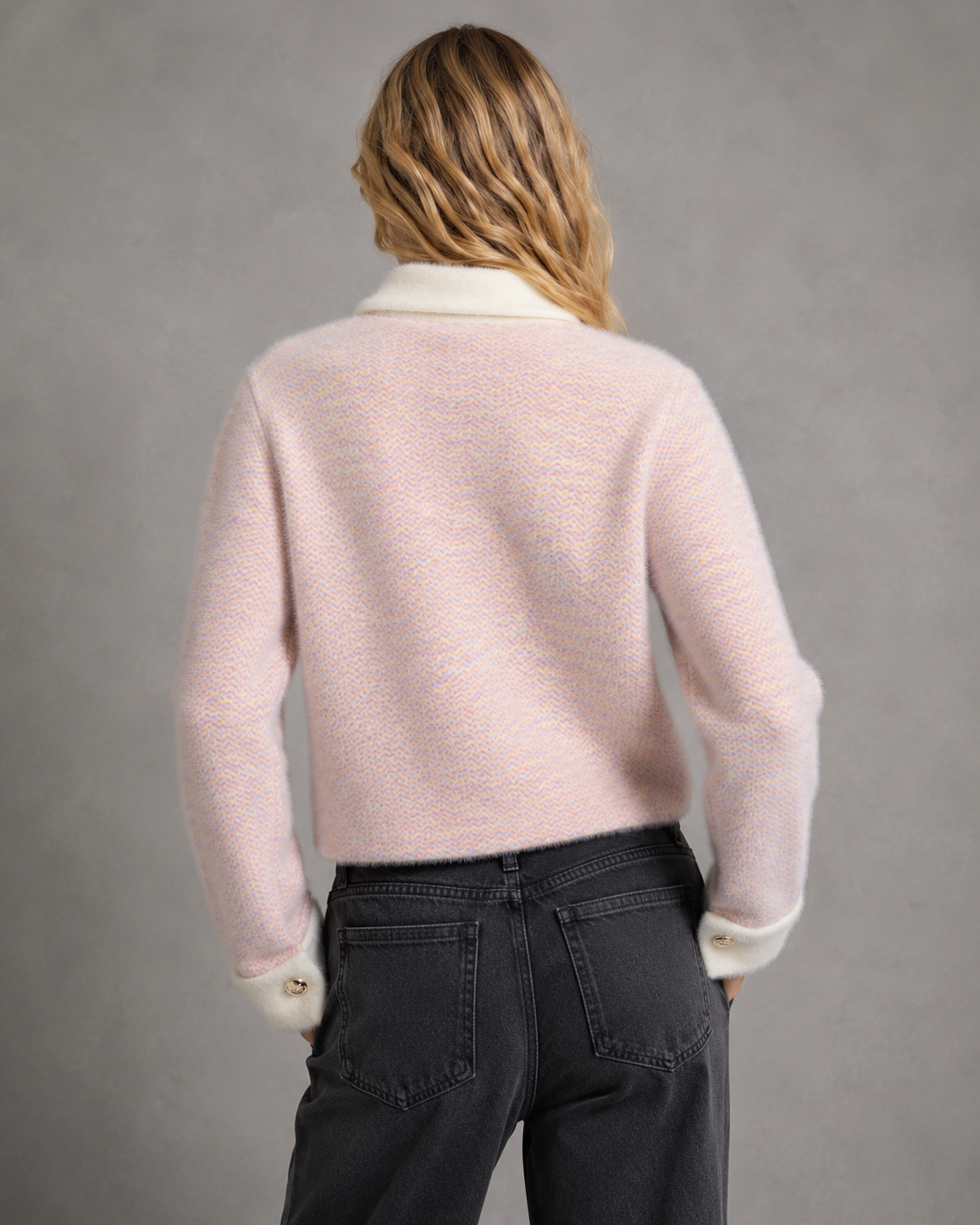 Women's Fuzzy Cardigan - Cropped Knit Contrast Collar