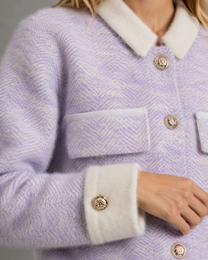 Women's Fuzzy Cardigan - Cropped Knit Contrast Collar