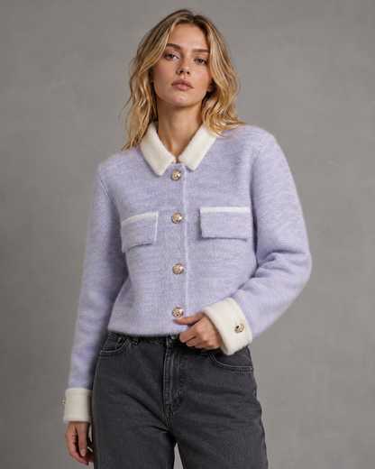 Women's Fuzzy Cardigan - Cropped Knit Contrast Collar