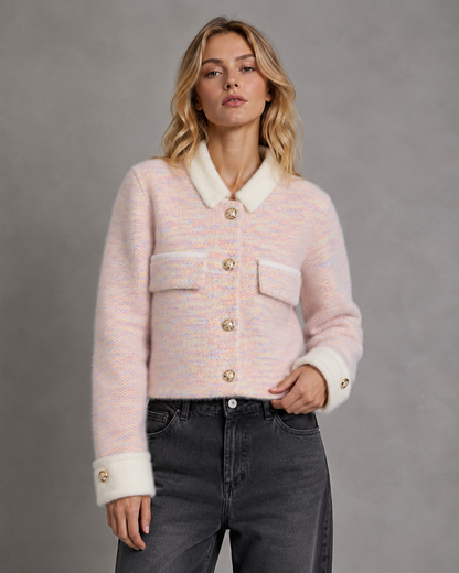 Women's Fuzzy Cardigan - Cropped Knit Contrast Collar
