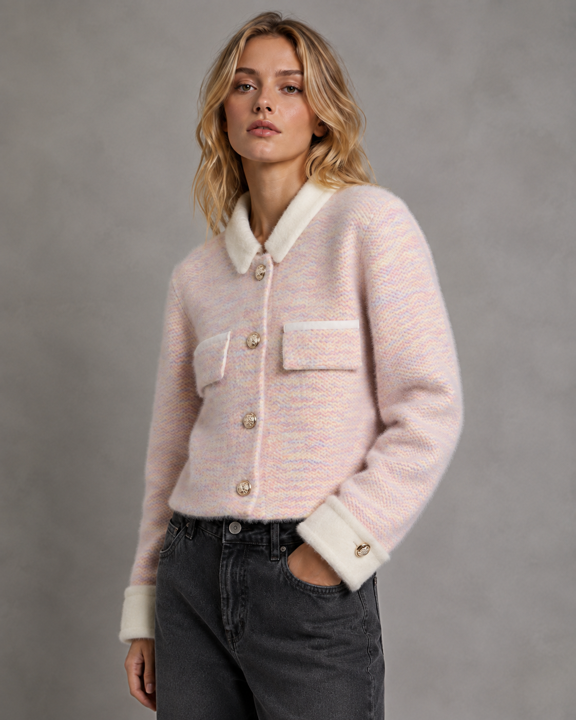 Women's Fuzzy Cardigan - Cropped Knit Contrast Collar