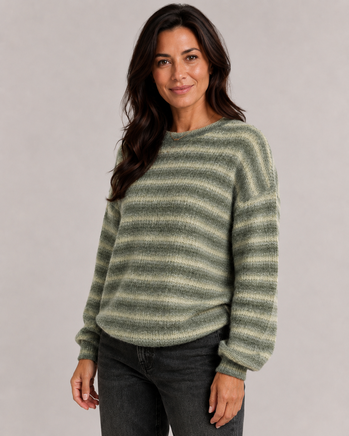 Women's Fuzzy Striped Sweater - Crew Neck Relaxed Fit