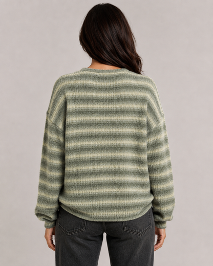 Women's Fuzzy Striped Sweater - Crew Neck Relaxed Fit