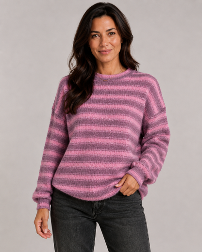 Women's Fuzzy Striped Sweater - Crew Neck Relaxed Fit