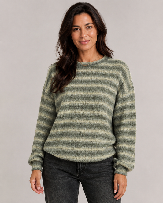 Women's Fuzzy Striped Sweater - Crew Neck Relaxed Fit