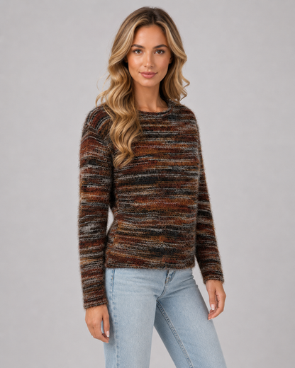 Women's Fuzzy Sweater - Striped Crew Neck Knit