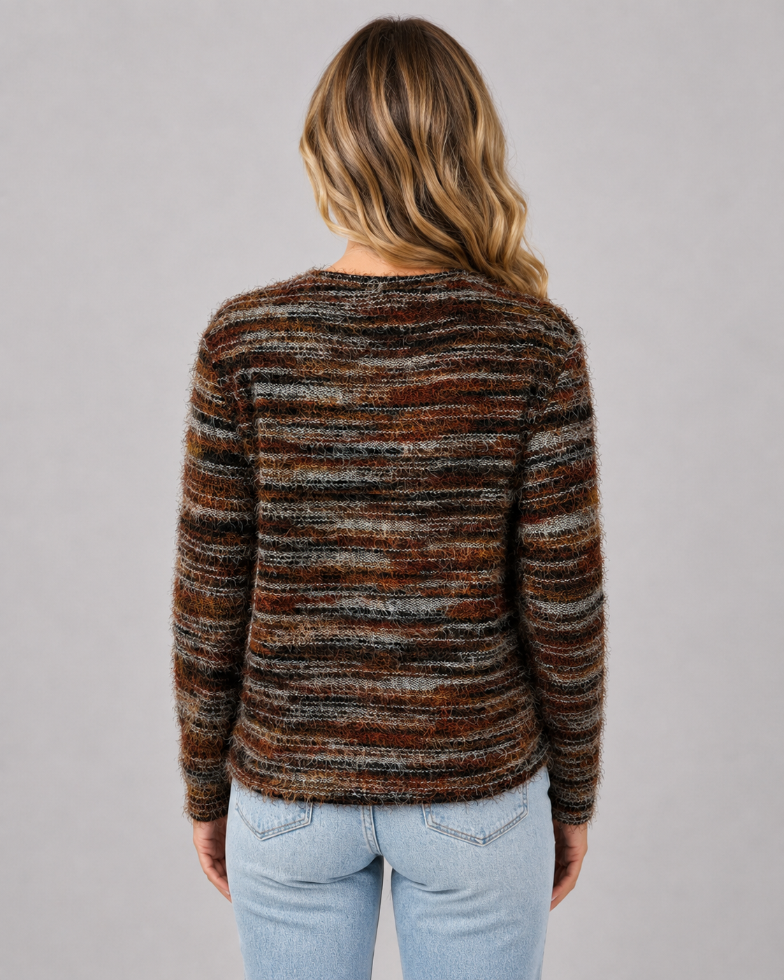 Women's Fuzzy Sweater - Striped Crew Neck Knit