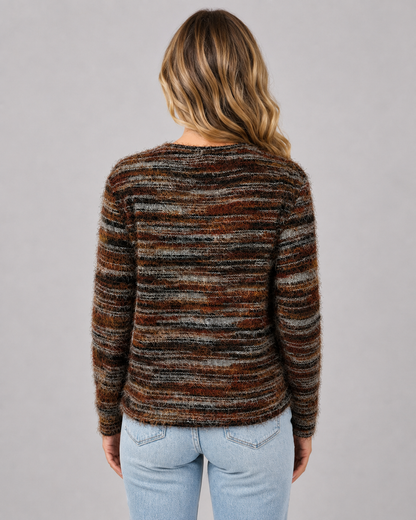 Women's Fuzzy Sweater - Striped Crew Neck Knit