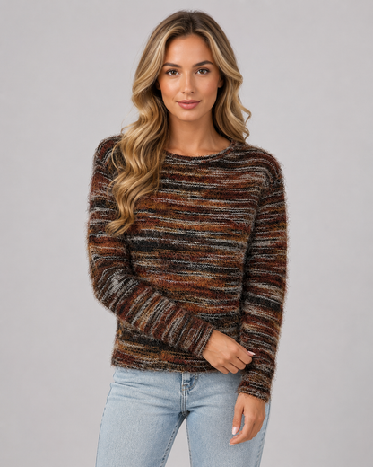 Women's Fuzzy Sweater - Striped Crew Neck Knit