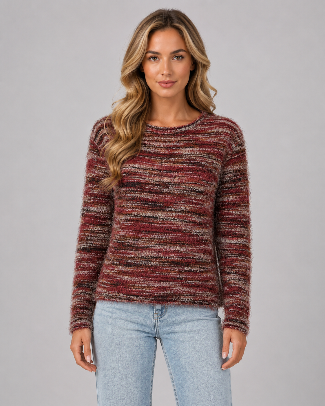 Women's Fuzzy Sweater - Striped Crew Neck Knit