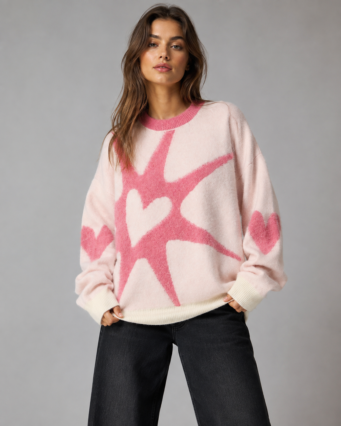 Women's Graphic Sweater - Heart Print Knit