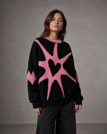 Women's Graphic Sweater - Heart Print Knit