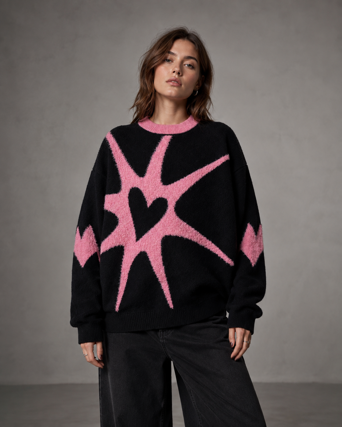 Women's Graphic Sweater - Heart Print Knit
