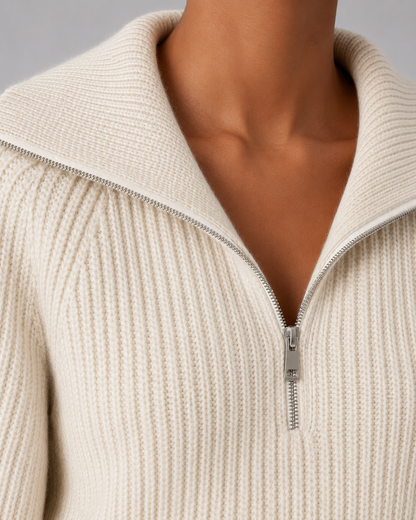 Women's Quarter Zip Sweater - Cropped Ribbed Funnel Neck
