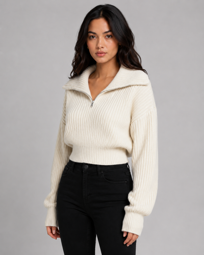 Women's Quarter Zip Sweater - Cropped Ribbed Funnel Neck