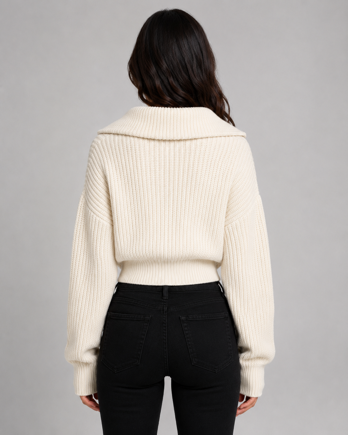 Women's Quarter Zip Sweater - Cropped Ribbed Funnel Neck