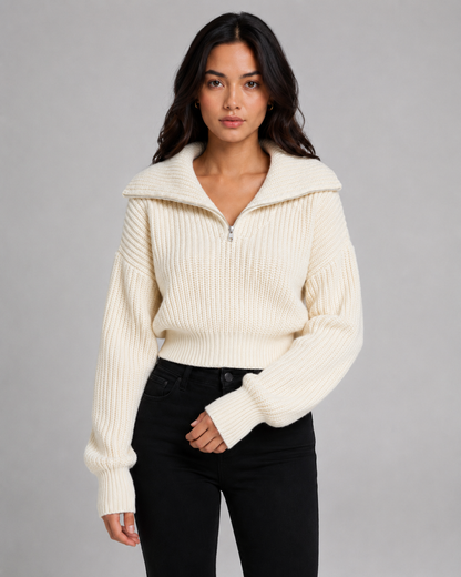Women's Quarter Zip Sweater - Cropped Ribbed Funnel Neck