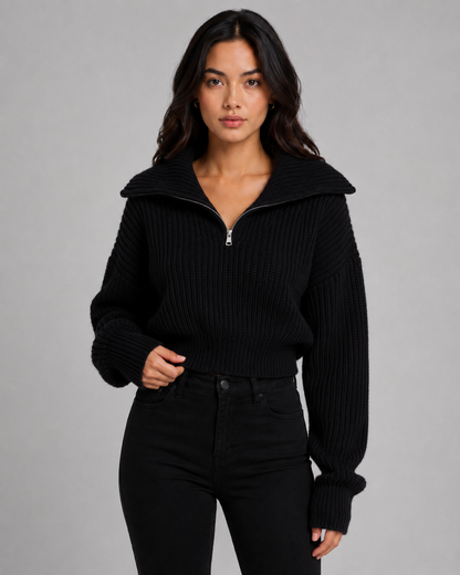 Women's Quarter Zip Sweater - Cropped Ribbed Funnel Neck