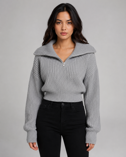 Women's Quarter Zip Sweater - Cropped Ribbed Funnel Neck