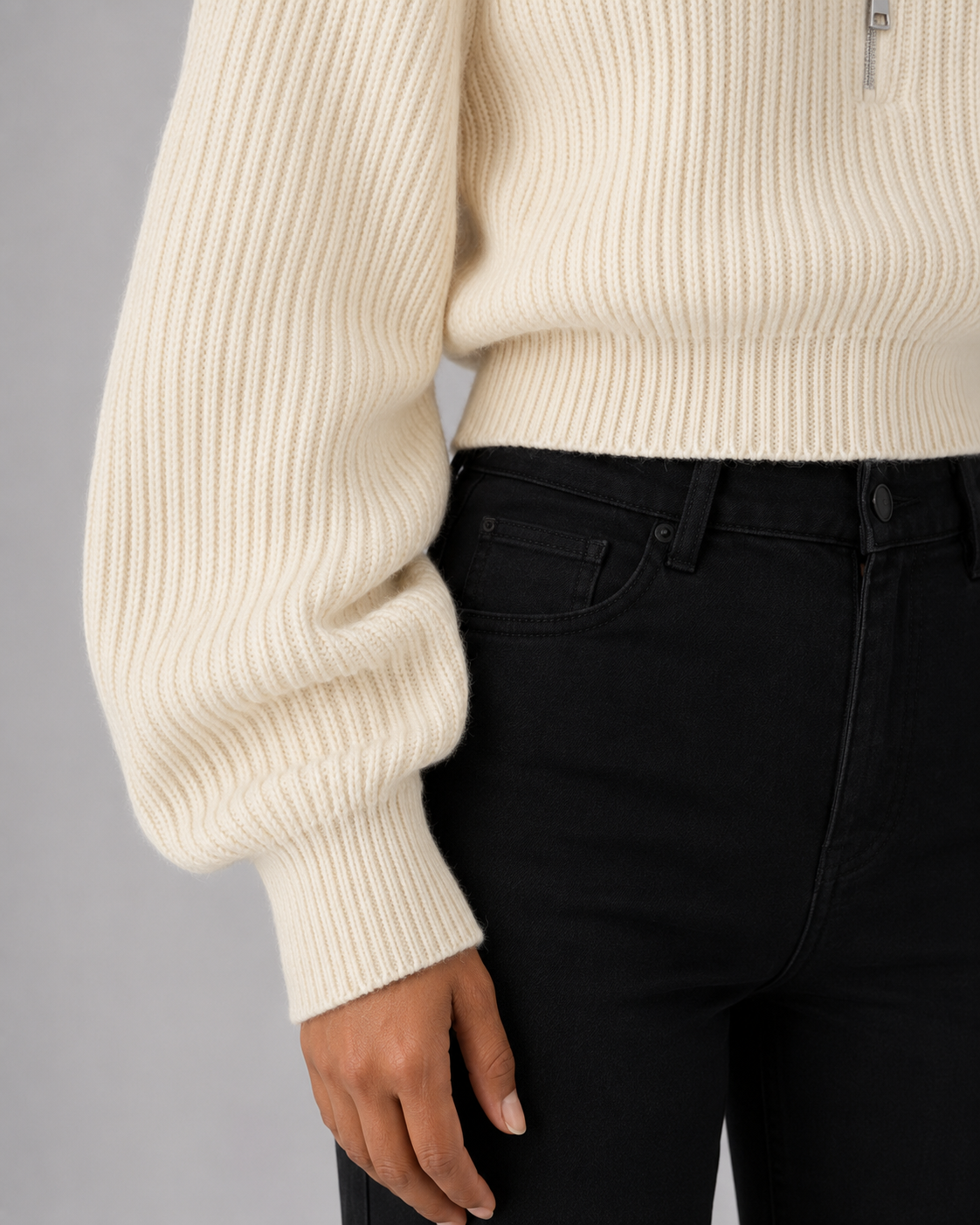 Women's Quarter Zip Sweater - Cropped Ribbed Funnel Neck