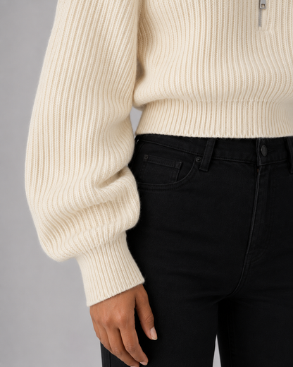 Women's Quarter Zip Sweater - Cropped Ribbed Funnel Neck