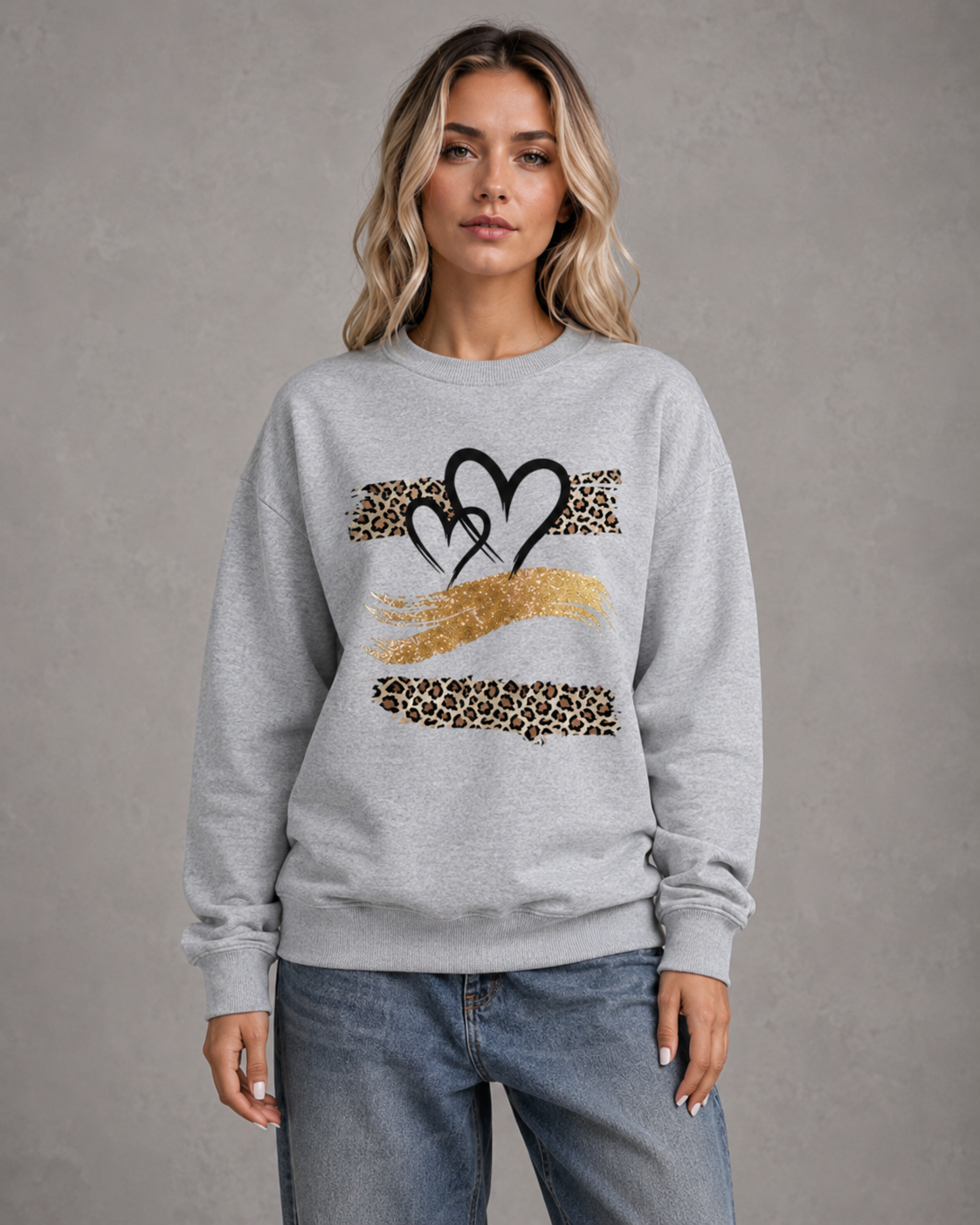 Women's Graphic Sweatshirt - Leopard Heart Drop Shoulder