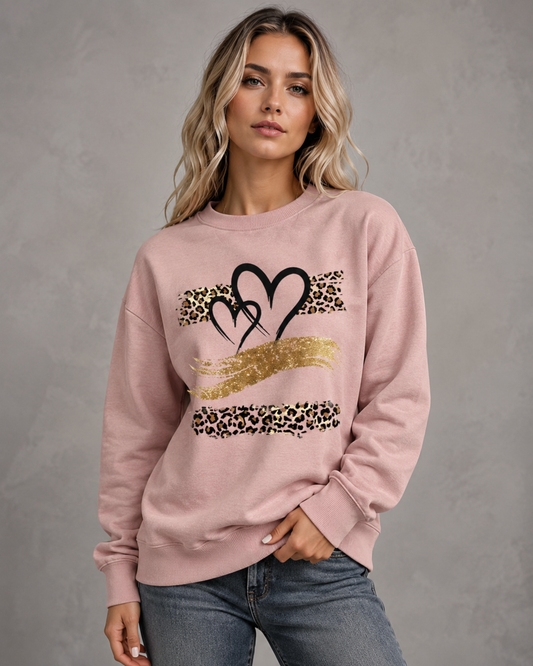 Women's Graphic Sweatshirt - Leopard Heart Drop Shoulder
