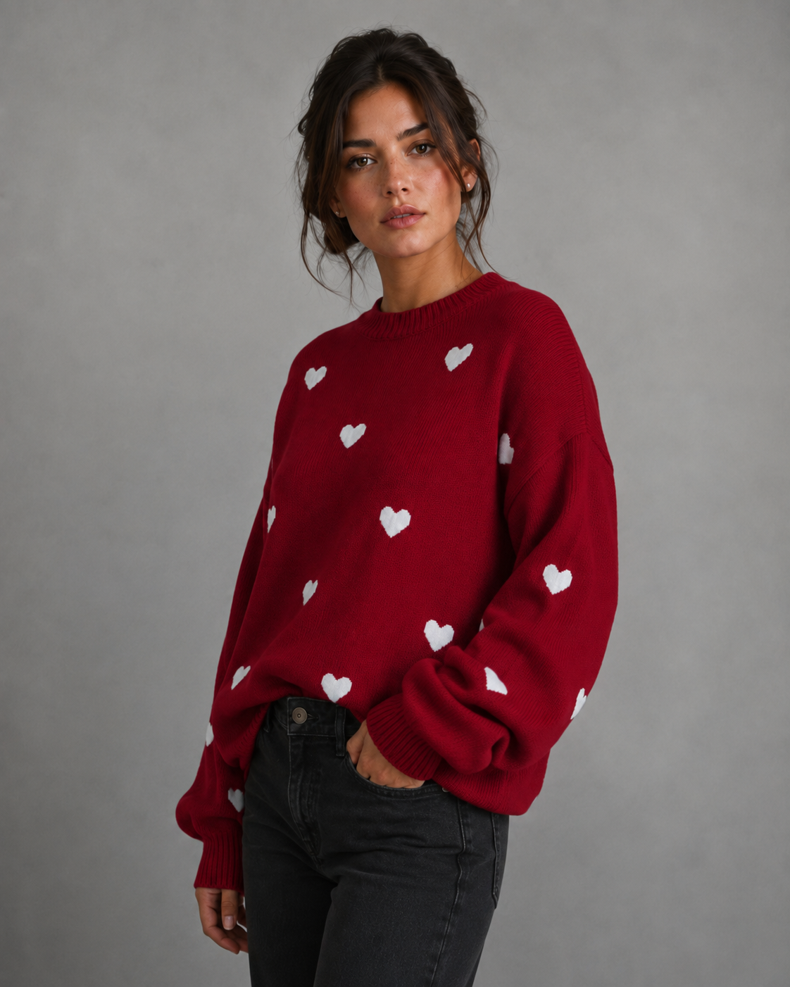 Women's Knit Sweater - Heart Print Relaxed Fit
