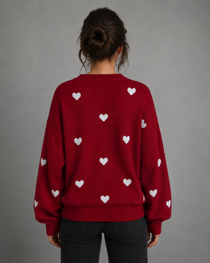 Women's Knit Sweater - Heart Print Relaxed Fit