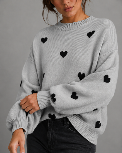 Women's Knit Sweater - Heart Print Relaxed Fit