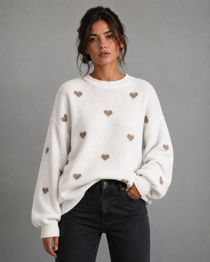 Women's Knit Sweater - Heart Print Relaxed Fit