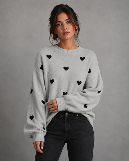 Women's Knit Sweater - Heart Print Relaxed Fit