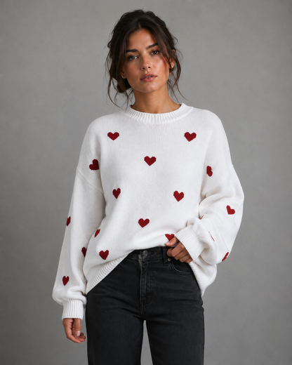 Women's Knit Sweater - Heart Print Relaxed Fit