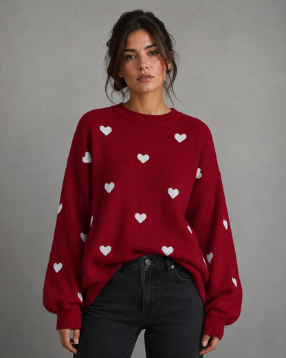 Women's Knit Sweater - Heart Print Relaxed Fit