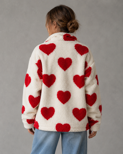 Women's Teddy Fleece Jacket - Full Zip Heart Print Coat