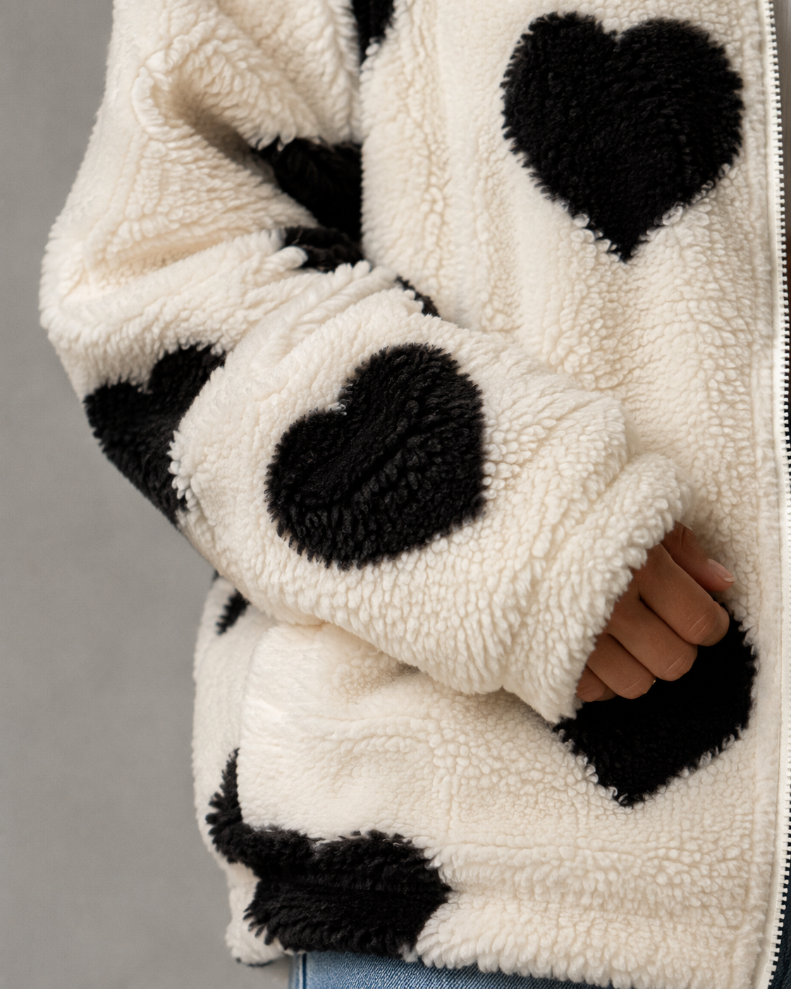 Women's Teddy Fleece Jacket - Full Zip Heart Print Coat