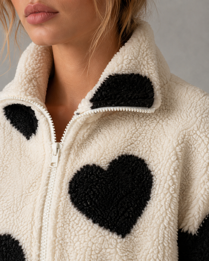 Women's Teddy Fleece Jacket - Full Zip Heart Print Coat