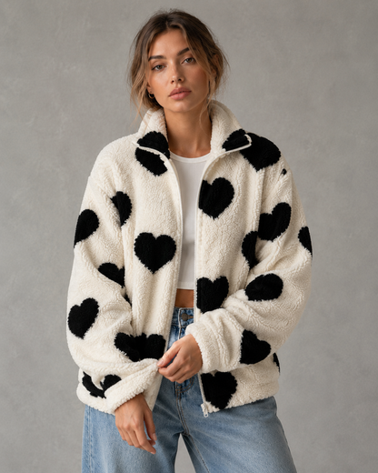 Women's Teddy Fleece Jacket - Full Zip Heart Print Coat