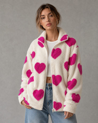 Women's Teddy Fleece Jacket - Full Zip Heart Print Coat