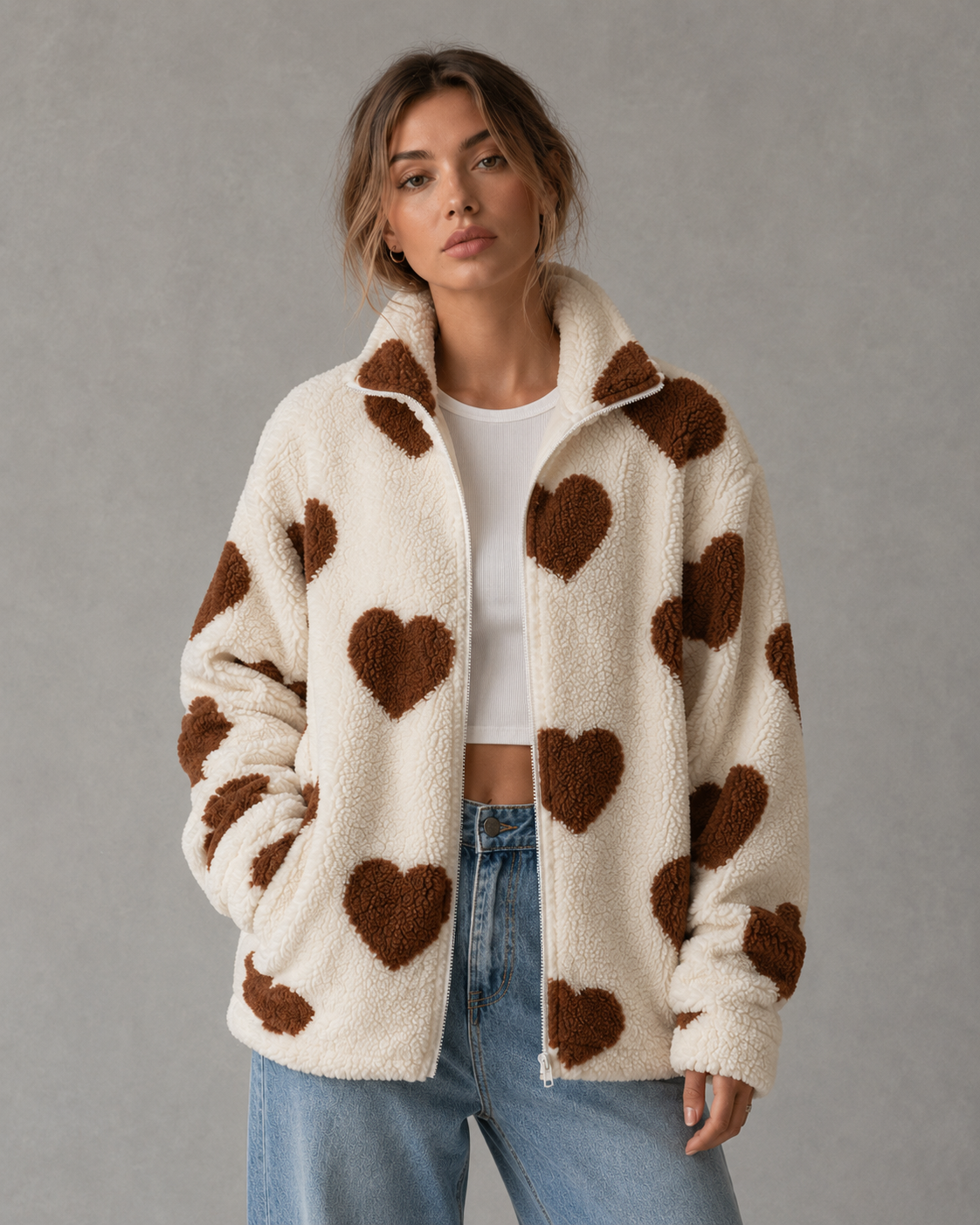 Women's Teddy Fleece Jacket - Full Zip Heart Print Coat