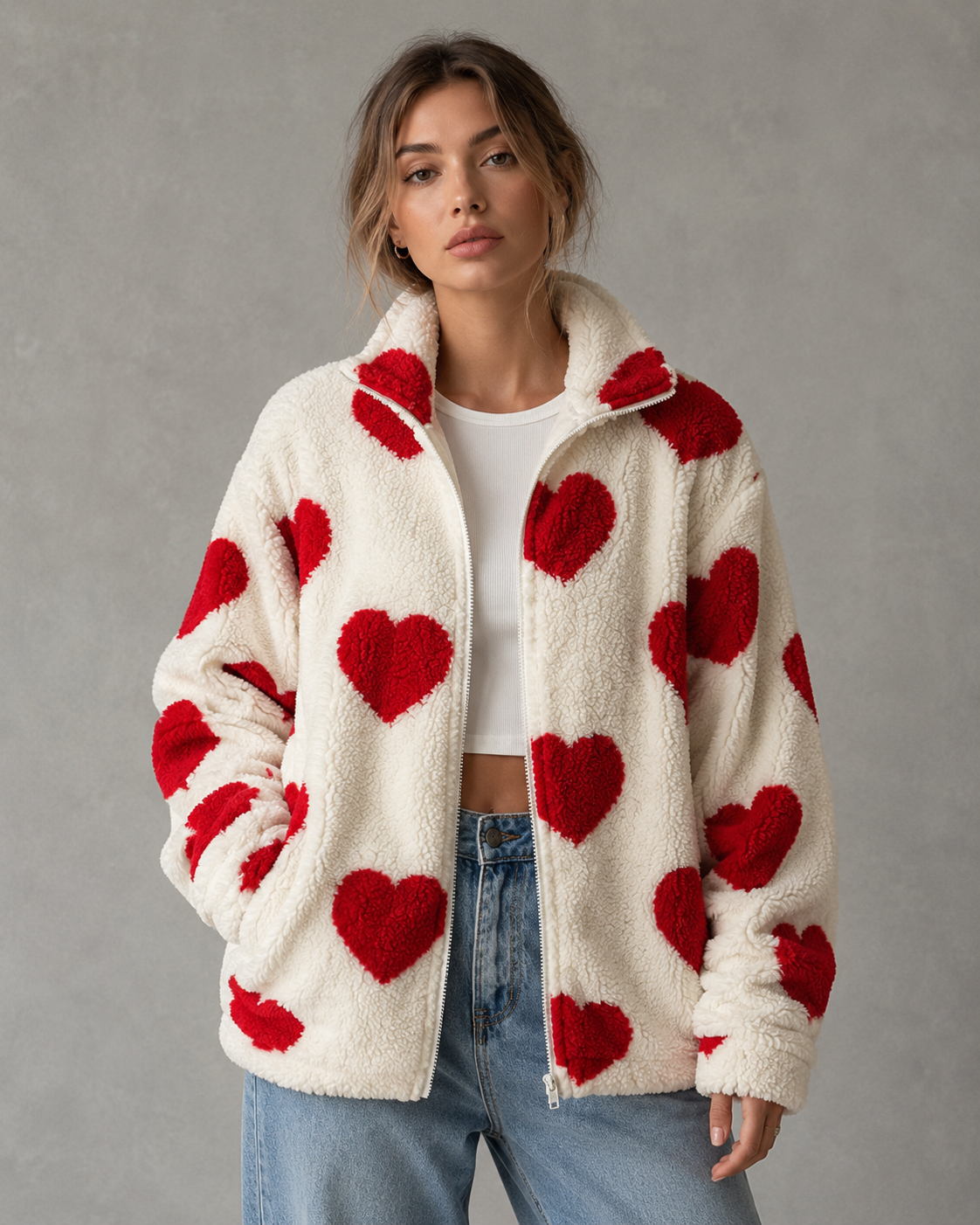 Women's Teddy Fleece Jacket - Full Zip Heart Print Coat