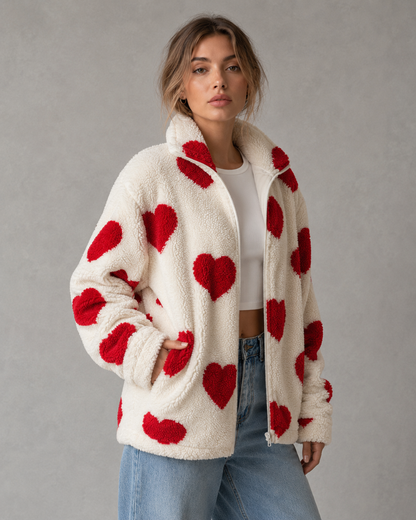 Women's Teddy Fleece Jacket - Full Zip Heart Print Coat