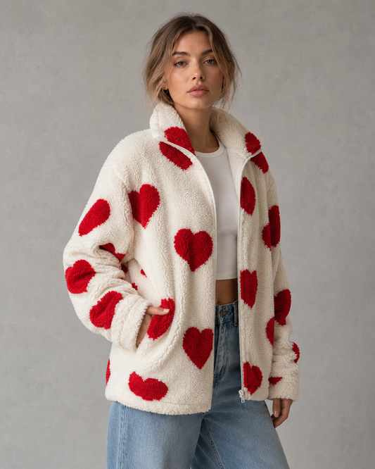 Women's Teddy Fleece Jacket - Full Zip Heart Print Coat