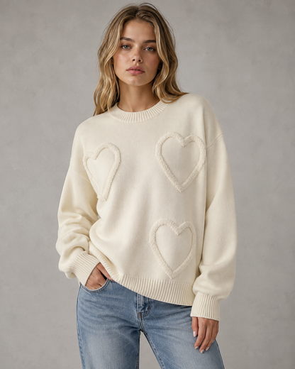 Women's Knit Sweater - Heart Textured Drop Shoulder