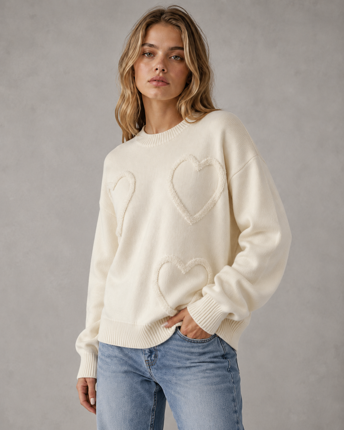 Women's Knit Sweater - Heart Textured Drop Shoulder